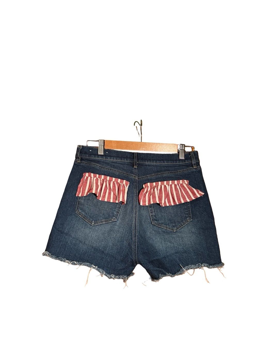 Upcycled LOFT Dark Blue Denim Shorts with Patriotic Red-Striped Ruffle Pockets